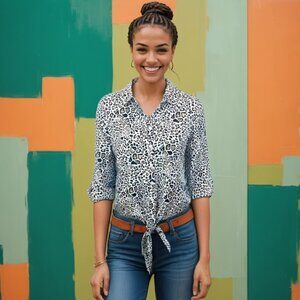 Chico’s Wrinkle Resistant Leopard Print Tie Front Top NWOT